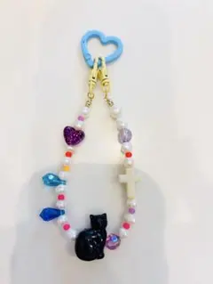 ハンドメイド スマホストラップ 黒猫 パール調ビーズ バッグチャーム