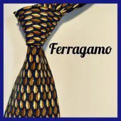 美品　フェラガモ　ネクタイ　イタリア　ネイビー　ベージュ　高級　リーフ　総柄のサムネイル