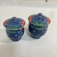 蓋付き湯呑み 夫婦湯呑み 2客セット 和柄 染付風 茶器 大小 ペア