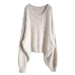 2489 美品 ふわふわ柔らかショートニット 長袖 アイボリー M
