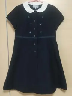 ネイビー半袖ワンピース 襟付き刺繍 130