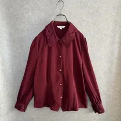 ヴィンテージ レトロ古着 刺繍襟クラシカルブラウス 無地 ワイン/ボルドー系