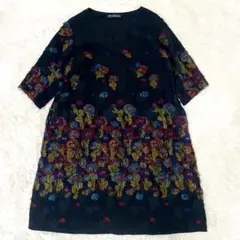 美品 M.&KYOKO 5分袖 ワンピース 花柄 刺繍 黒 マルチカラーのサムネイル