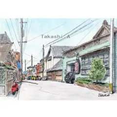 原画一点物　「古い通り」　＜ペンスケッチ＋透明水彩＞