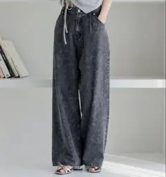 グレー ワイドレッグ デニムパンツ