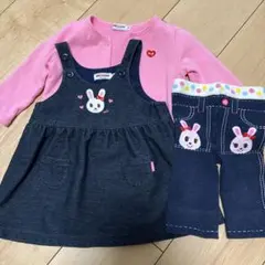 miki house ウサギ刺繍デニムワンピース・ベビースパッツ・カーディガン