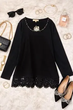 新品☆SHOO・LA・RUE 上品黒レース裾トップスL
