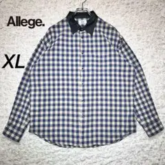 『Allege.』　チェックシャツ　襟切替　レザー　上品　23aw 青　【XL】