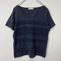 アースミュージックアンドエコロジー　Tシャツ　カットソー　花柄レース　ネイビー