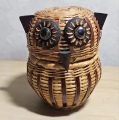 ふくろう 小物入れ　籐製 工芸品 竹編み インテリア 置物 昭和レトロ