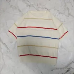 90s アイボリーストライプ 半袖ニット カジュアル Y2K レトロ ナチュラル