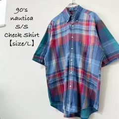 90s★小文字タグ★nautica/ノーティカ★半袖チェックシャツ★青/水色★L