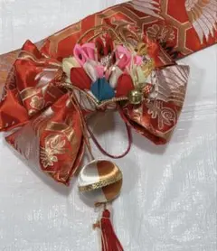子供用帯 作り帯 結び帯 飾り帯 七五三 女児 着物 帯 朱色 寿 鈴