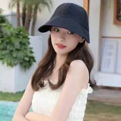 レディース つば広帽子 黒 バケットハット キャップ 夏用日除け UVカット