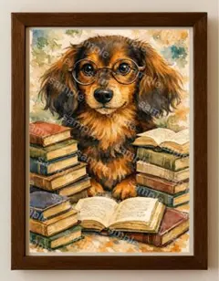 【水彩画アート】本の森に佇む犬瞳 2L版写真用紙