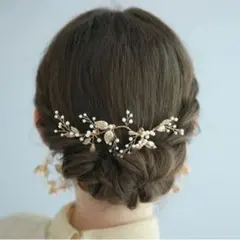 アンティークヘッドドレスブライダルヘアアクセサリー髪飾りゴールドパール小枝リーフ