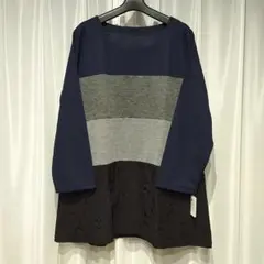 4Ｌ 新品 タグ付き 前裾レース 9分袖前後 チュニック　ネイビーC