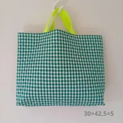 【ハンドメイド】みどりのチェックの手さげ袋 2. レッスンバッグ/絵本袋