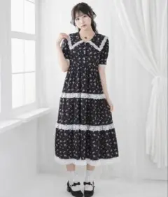 夢展望　花柄　リボン　ビジュー　フリル　ワンピース　大きいサイズ　3L ブラック