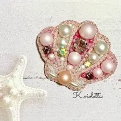 貝殻 クラウン ブローチ ★ ハンドメイド ビーズ刺繍 王冠 ホタテ