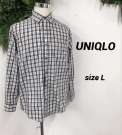 UNIQLO　シャツ　長袖　Ꮮ　チェック柄　グレー×ホワイト　綿100%