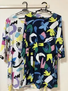 訳あり　紺地　白地　カラフルチュニック　丈72.5〜77