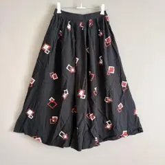 幾何学模様 ブラック フレアロングスカート レディース