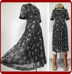 古着♪レトロ黒花柄プリーツワンピ♪70年代60年代ヴィンテージ昭和半袖春夏