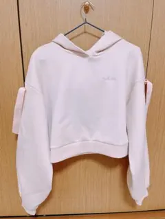 袖ドロスト クロップドパーカー ピンク フード付き