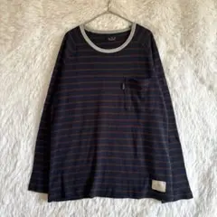 a.v.v HOMME ワッフル ロンT M ネイビー×ブラウン ボーダー 刺繍