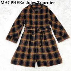 トゥモローランド マカフィー ロングコート ノーカラー チェック モヘヤ ベルト