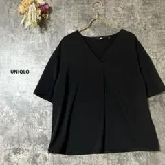 UNIQLO ドレープVネックブラウス　ブラック　黒　半袖　レディース　L