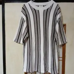 ABAHOUSE ストライプ ニットTシャツ ホワイト×ブラウン 48のサムネイル