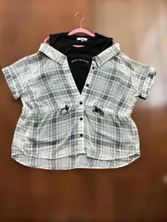 T&C チェック柄オフショル風レイヤードトップス
