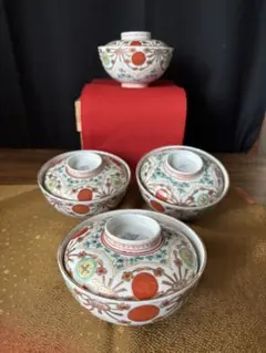 江戸中期から後期古伊万里蓋付丼4客セット 色絵 陶器 茶道具奇跡状態良好 江戸中期から後期古伊万里蓋付丼4客セット 色絵 陶器 茶道具奇跡状態