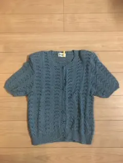 美品ピンクハウス♡リリー柄編み込みカーディガン半袖ブルー青花柄刺繍フリーニット綿 美品ピンクハウス♡リリー柄編み込みカーディガン半袖ブルー青花
