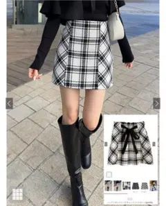 バックリボンツイードチェックミニスカート