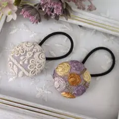 【Ｙ3】インド刺繍リボン くるみボタン ヘアゴム 2個セット