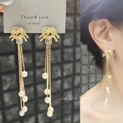 No.381 結びデザインピアス×ゆらゆらパールチェーンピアス イヤリング