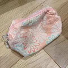 花柄ピンクポーチ ビーズ付き ハンドメイド