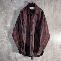 レトロ　総柄　ストライプシャツ 黒赤 光沢 M 古着　オーバーサイズ　長袖シャツ