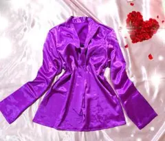 パープル サテン風 ボウタイ シャツ ブラウス 長袖♡