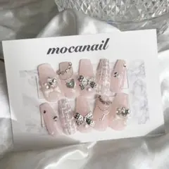 【現品】ネイルチップ 量産型 ワンホン リボン 韓国 ハート ピンク ツイード