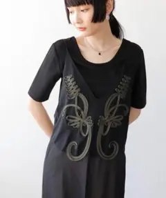 新品 Three Four Time モチーフコード刺繍キャミワンピース 黒のサムネイル