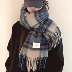 大判マフラー ショール【ブルー】チェック カシミア風　男女兼用　モフモフ　暖かい