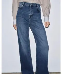 ZARA36インチデニムワイドパンツ ダークブルー