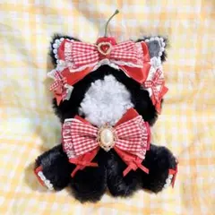 ④おすわりぬい服　着ぐるみ　赤　黒　チェック　さくらんぼ　猫