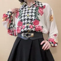 希少 花柄 千鳥格子 シャツブラウス レトロ ヴィンテージ 一点物 日本製 白
