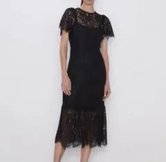 ZARA ザラ 総レース ロング ワンピース フリル ブラック 黒 ドレス