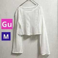 GU メッシュ　トップス 透かし編み シースルー　ホワイト クロップド　長袖